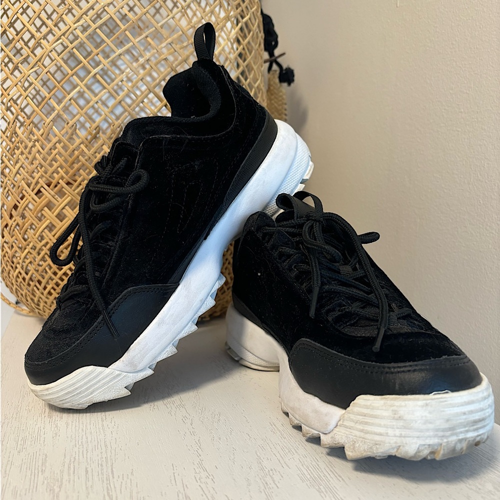 Black and White Fila Velour/Velvet Disruptor Sneakers, 7.5
